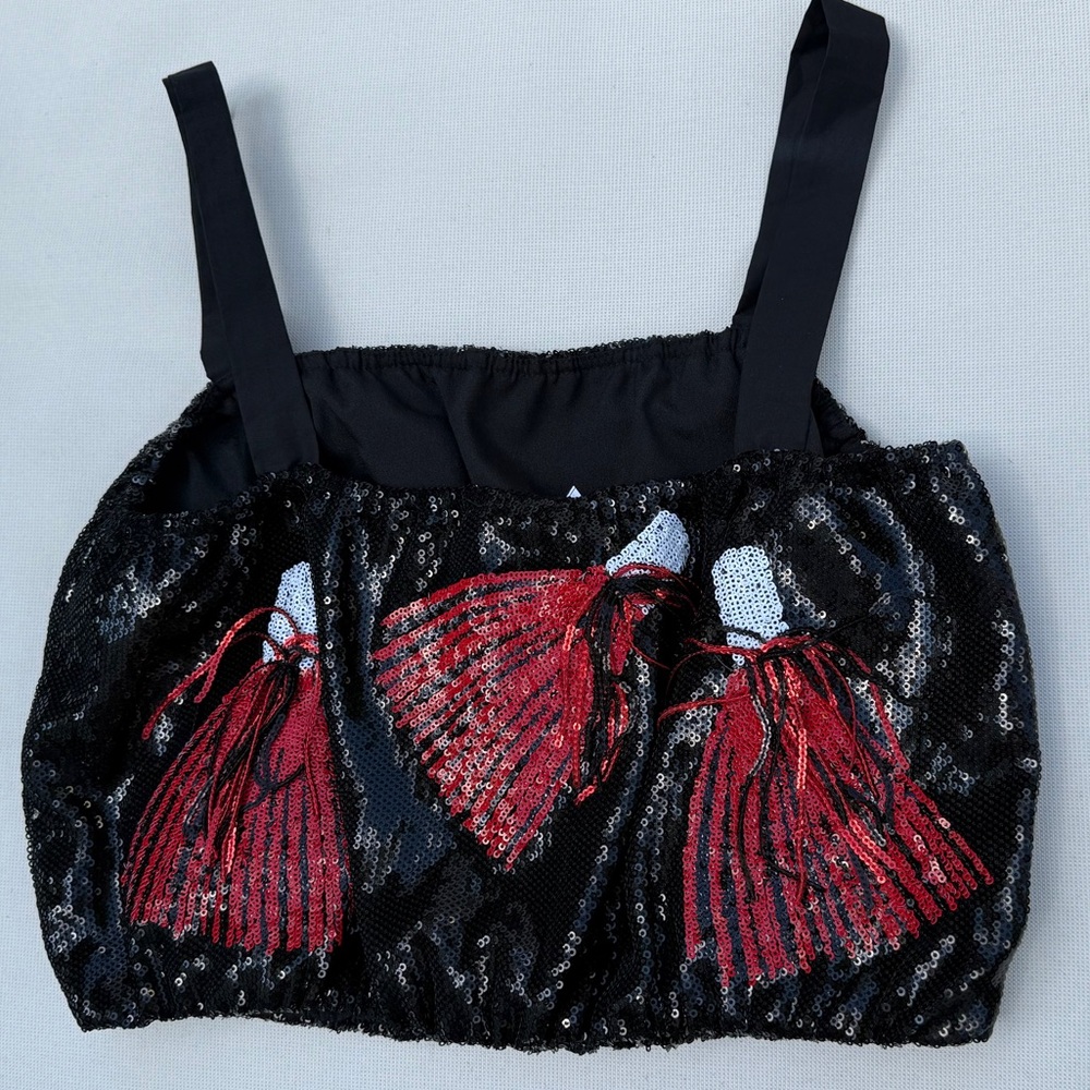 QUEEN OF SPARKLES Black and Red Sequin Crop Top - Size S - Picture 9 of 16